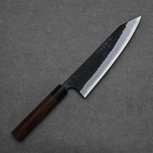 210mm Akifusa x Yamamoto tsuchime kurouchi damascus AS kiritsuke gyuto knife showing full profile view