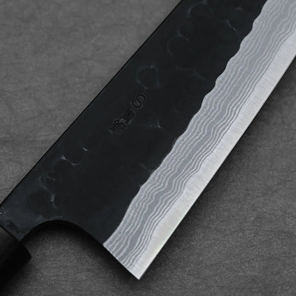 Close-up shot of the right side view of 210mm Akifusa x Yamamoto tsuchime kurouchi damascus AS kiritsuke gyuto knife