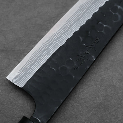 Close-up shot of the left side view of 210mm Akifusa x Yamamoto tsuchime kurouchi damascus AS kiritsuke gyuto knife