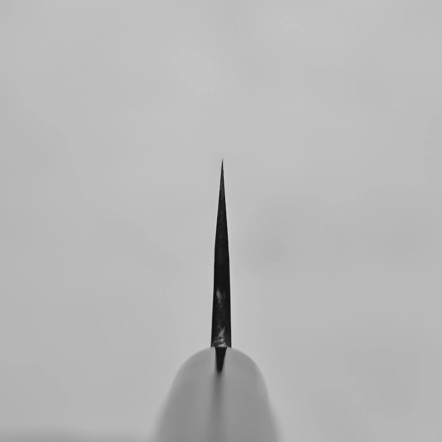 Close-up, black and white image shows the finish and texture of a hand-forged Japanese knife blade by Daisuke Nishida.