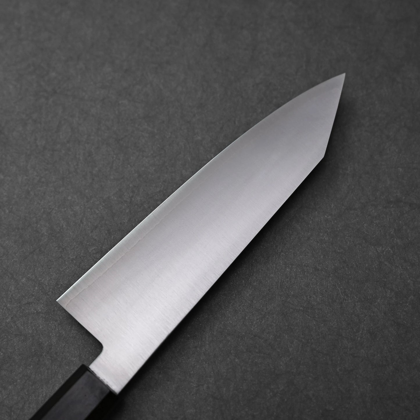 Close-up of the reverse side of a bunka knife made with ginsan stainless steel; photographed to highlight the polished steel finish, pointed tip, and partial view of the dark octagonal handle.