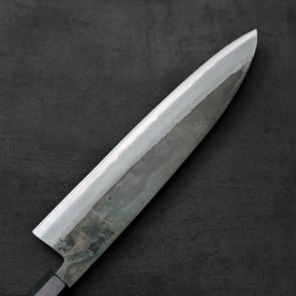 Close-up of a gyuto showing the blade profile, handle, and detailing in clear focus.