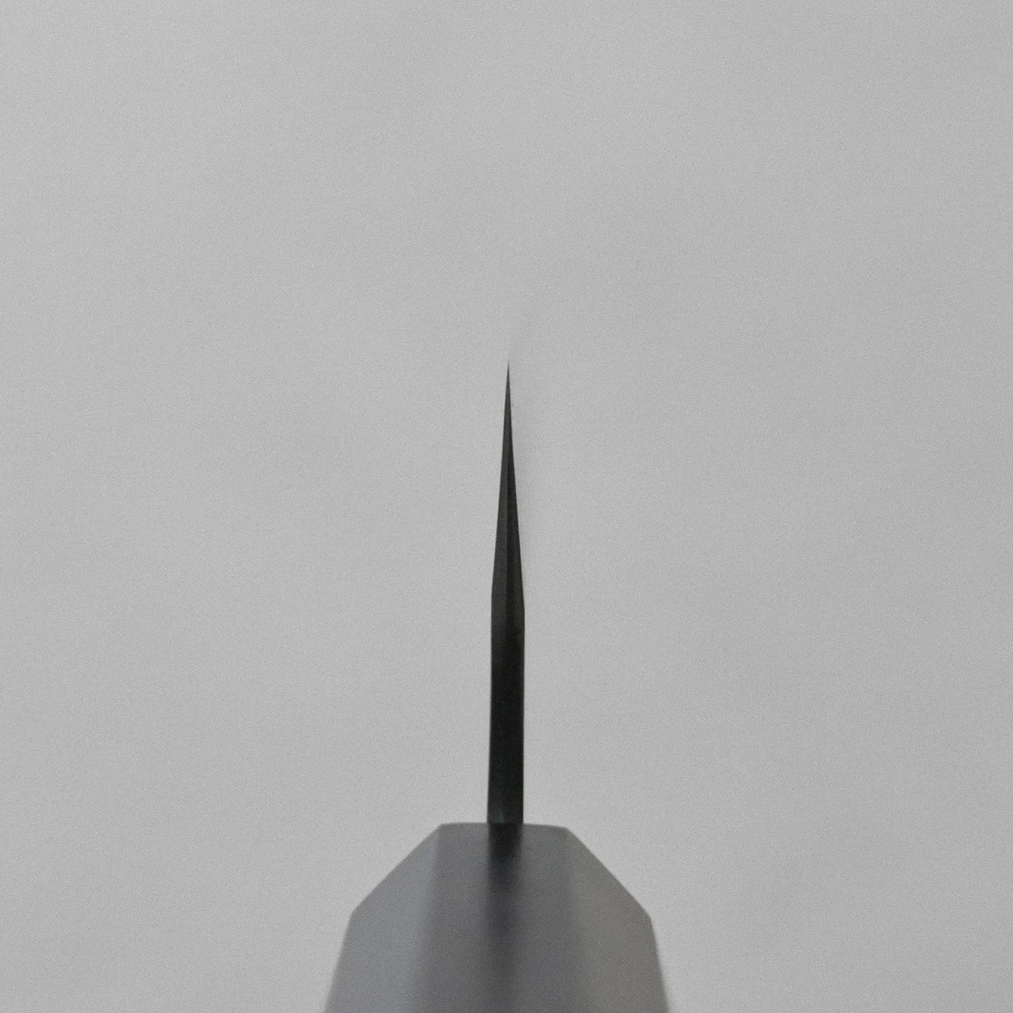 Close-up of a gyuto blade, 240mm, pointing upward with the edge and spine clearly visible.