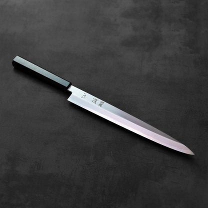 Yanagiba with a black handle, blade length 300mm, shown without any visible background elements.