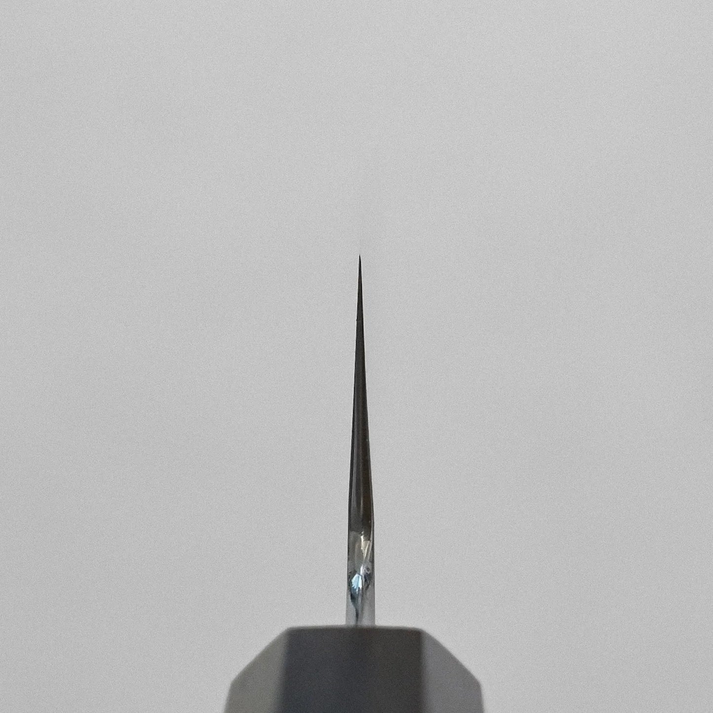 Close-up of kiritsuke gyuto 210mm tip, showcasing blade details and shape in sharp focus.