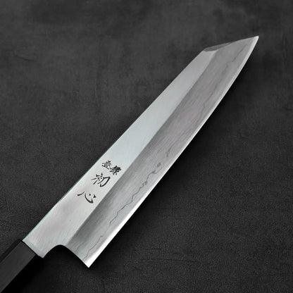 Kiritsuke gyuto with kanji, blade and handle details clear, no background or surface visible.
