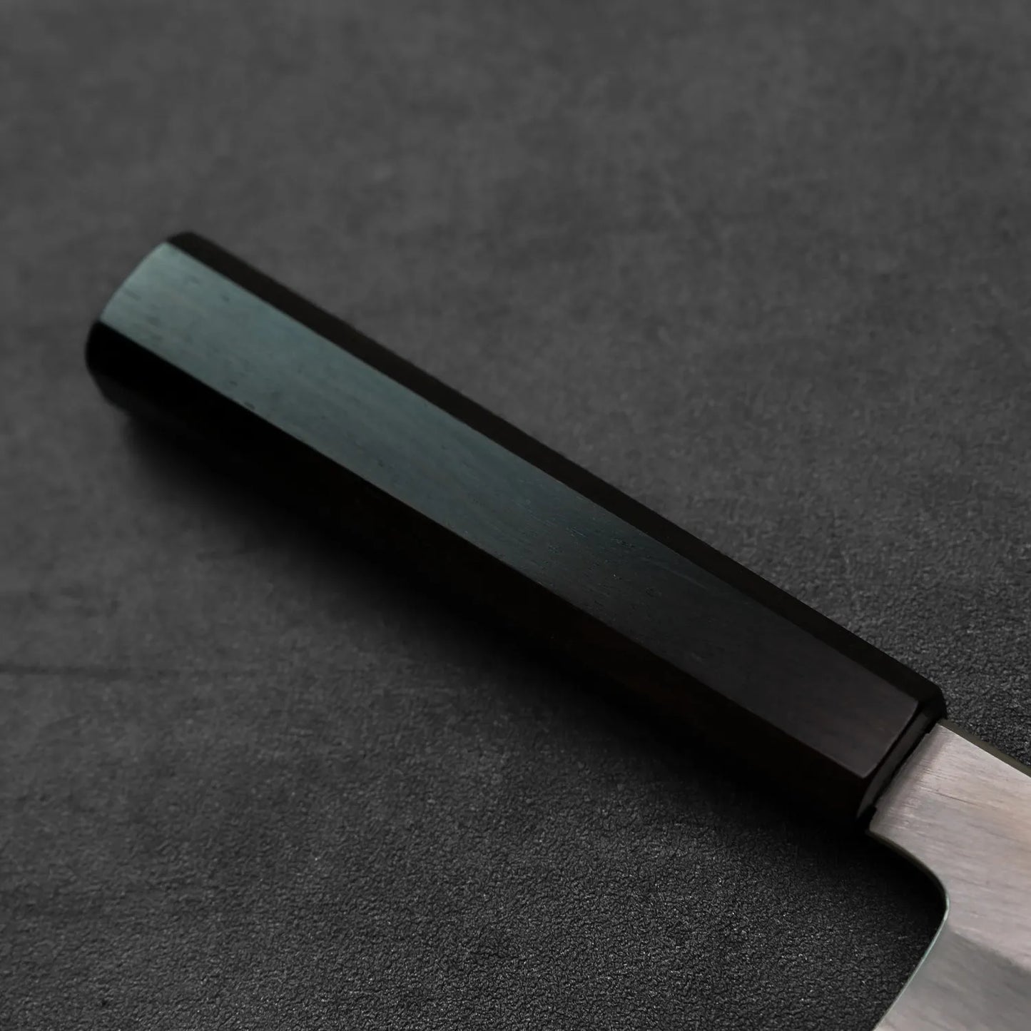 Close-up of kiritsuke gyuto handle and blade, showing detailed textures and materials.