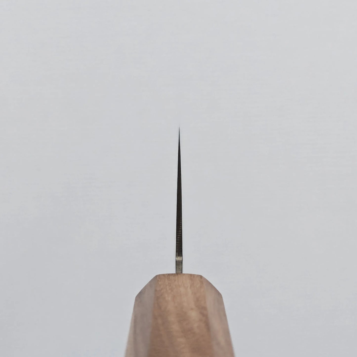 Choil shot of a knife with a wooden handle, positioned vertically against a plain light gray background. The thin blade is centered in the image, highlighting its fine craftsmanship.