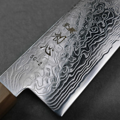 Close-up of a Japanese kitchen knife with a Damascus steel pattern and SG-2 marking on the blade, featuring engraved kanji characters. The partially visible handle appears on the left side against a dark background.