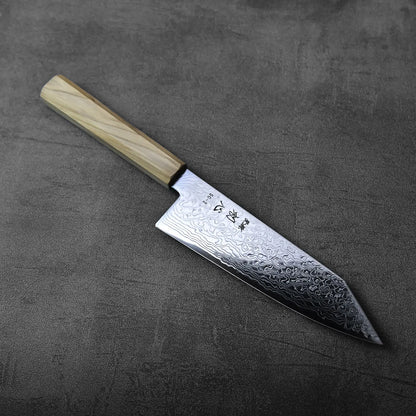 Bunka with a patterned blade and a wooden handle, highlighting the visual texture and warm wood tones.