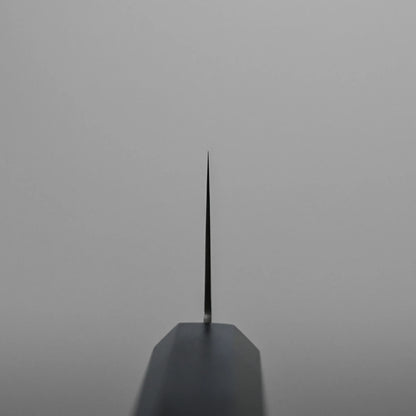 Choil shot of a kiritsuke Japanese chef knife blade, photographed from the tip, showcasing its sharpness against a plain, light gray background.