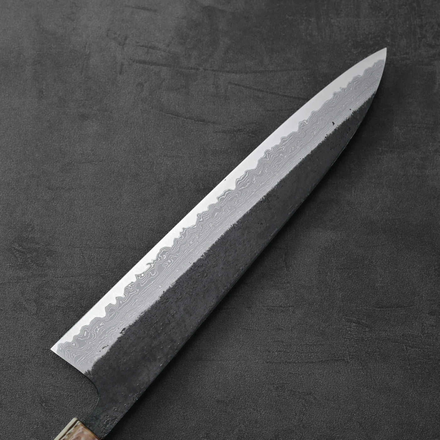 A gyuto with kurouchi damascus pattern and AS steel, 240mm in length, is shown.