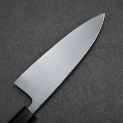 A close-up of the Hatsukokoro Shirasagi shirogami#2 deba 165mm knife’s pointed stainless steel blade, inspired by Japanese fish knives, set against a dark gray textured background.