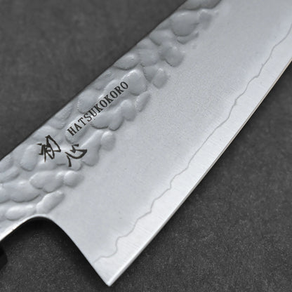 Close-up of the 150mm Hatsukokoro tsuchime ginsan honesuki, showcasing its hammered finish and engraved Japanese characters on the blade, set against a dark background.