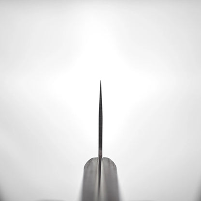 Front close-up of a Japanese knife with a VG10 chuka bocho blade, showing the flat edge and visible finish details.