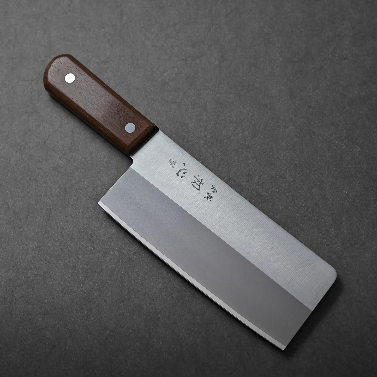 A rectangular-bladed Japanese knife, chuka bocho style, with a visible VG10 blade and wooden handle is shown.