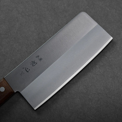 A rectangular-bladed Japanese knife with a straight edge and wooden handle, cleaver style, showing a matte finish.