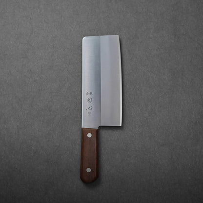 A Japanese knife, this chuka bocho has a rectangular blade with a smooth finish and a wooden handle.