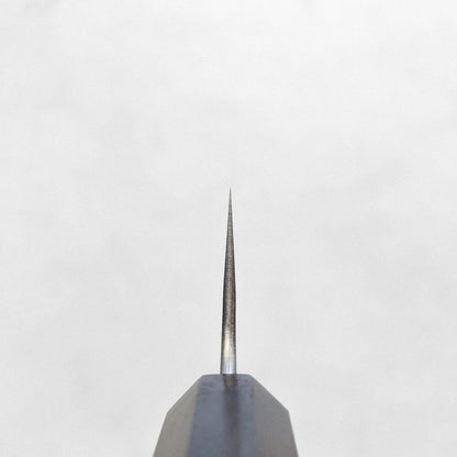 Close-up of a gyuto blade tip, showing subtle texturing and edge detail in a well-lit scene.