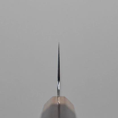 Close-up of the sharp edge on a Kei Kobayashi SG2 damascus gyuto 240mm chef knife blade, photographed from the tip against a neutral gray background. The blade is straight and features a polished, damascus surface.