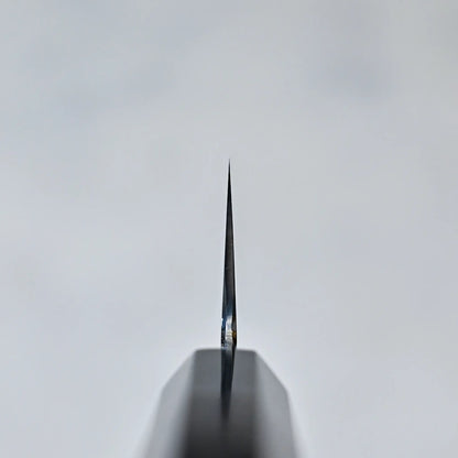Choil shot of a Mizuhonyaki gyuto blade tip showing its cross-sectional geometry, part of a Japanese knife.
