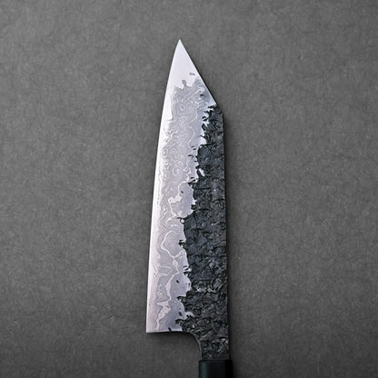 A close-up of the patterned blade shows layered steel lines on a Japanese knife, blade shape not fully visible.