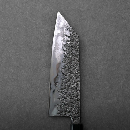 The image shows a bunka-shaped Japanese knife with a textured, patterned Aogami #1 damascus steel blade.