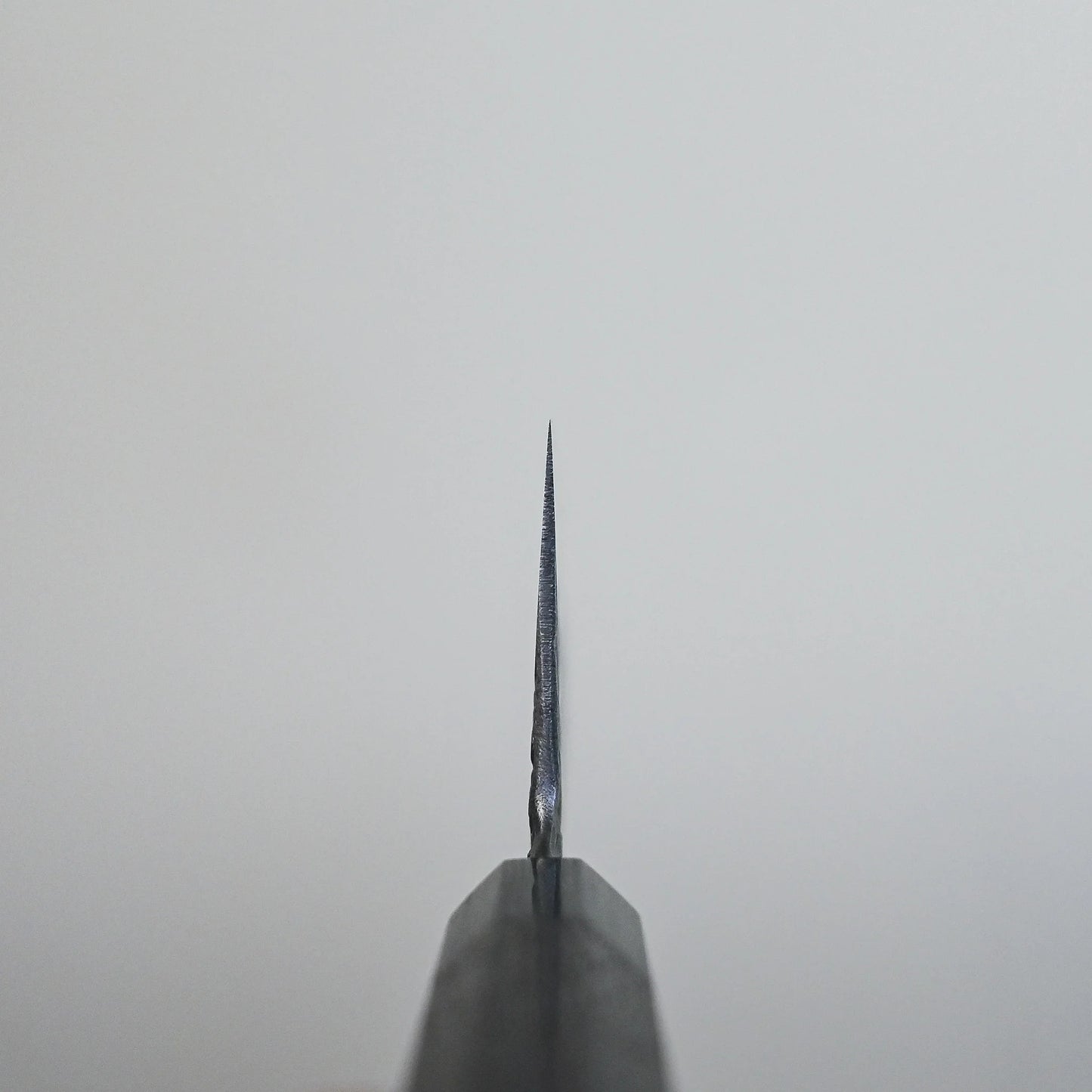 Choil shot of a Japanese knife, handforged steel finish visible along the sharpened blade.