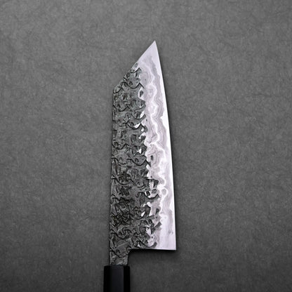 A close-up shows a Kisuke Manaka Japanese knife with a visible handforged blade, highlighting its angled bunka tip.