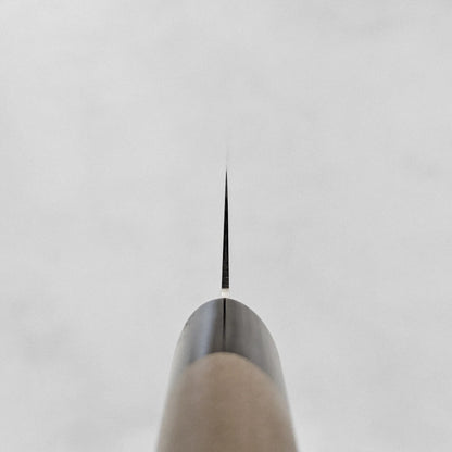 Close-up of the tip and saya of a sujihiki, focusing on blade shape and subtle details.