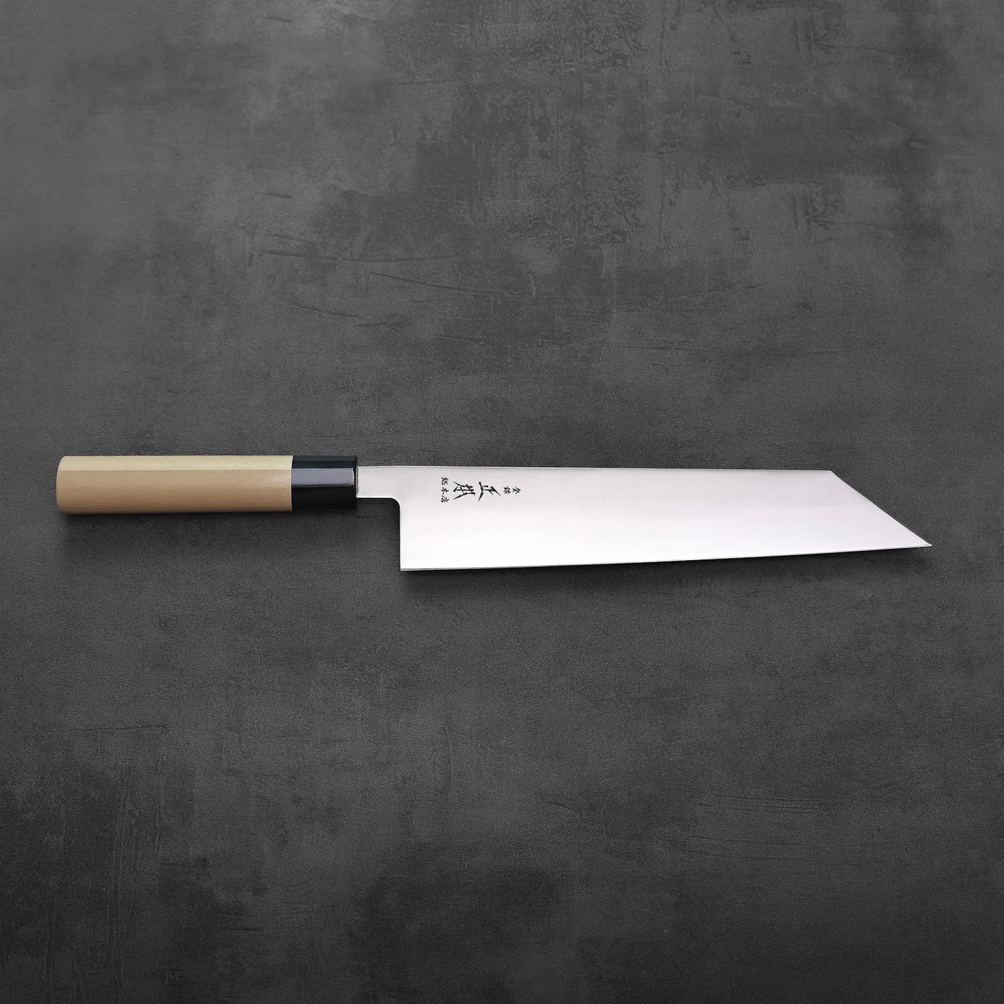Kiritsuke gyuto with saya, featuring a wooden handle. Blade and saya design details clearly shown.