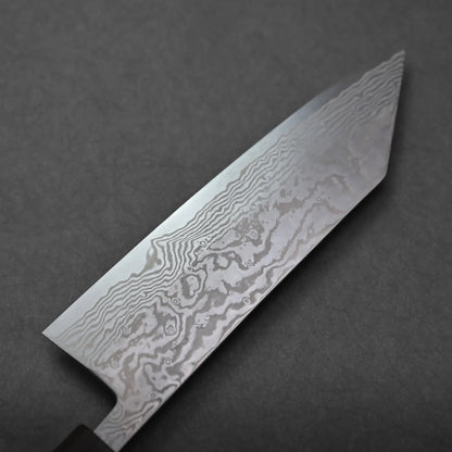 Close-up of a Miyazaki ATS34 Damascus steel knife blade with visible layered patterns, positioned against a plain dark gray background.
