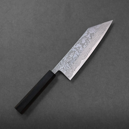 A Miyazaki ATS-34 damascus bunka 200mm with a black handle and a patterned Damascus steel blade rests on a plain gray surface.