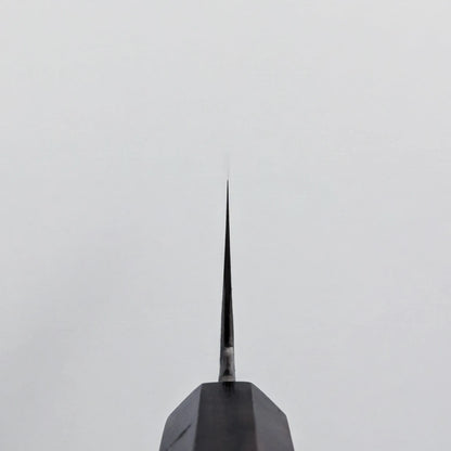 A choil shot of a knife blade with its edge facing upward, centered against a plain, light gray background.