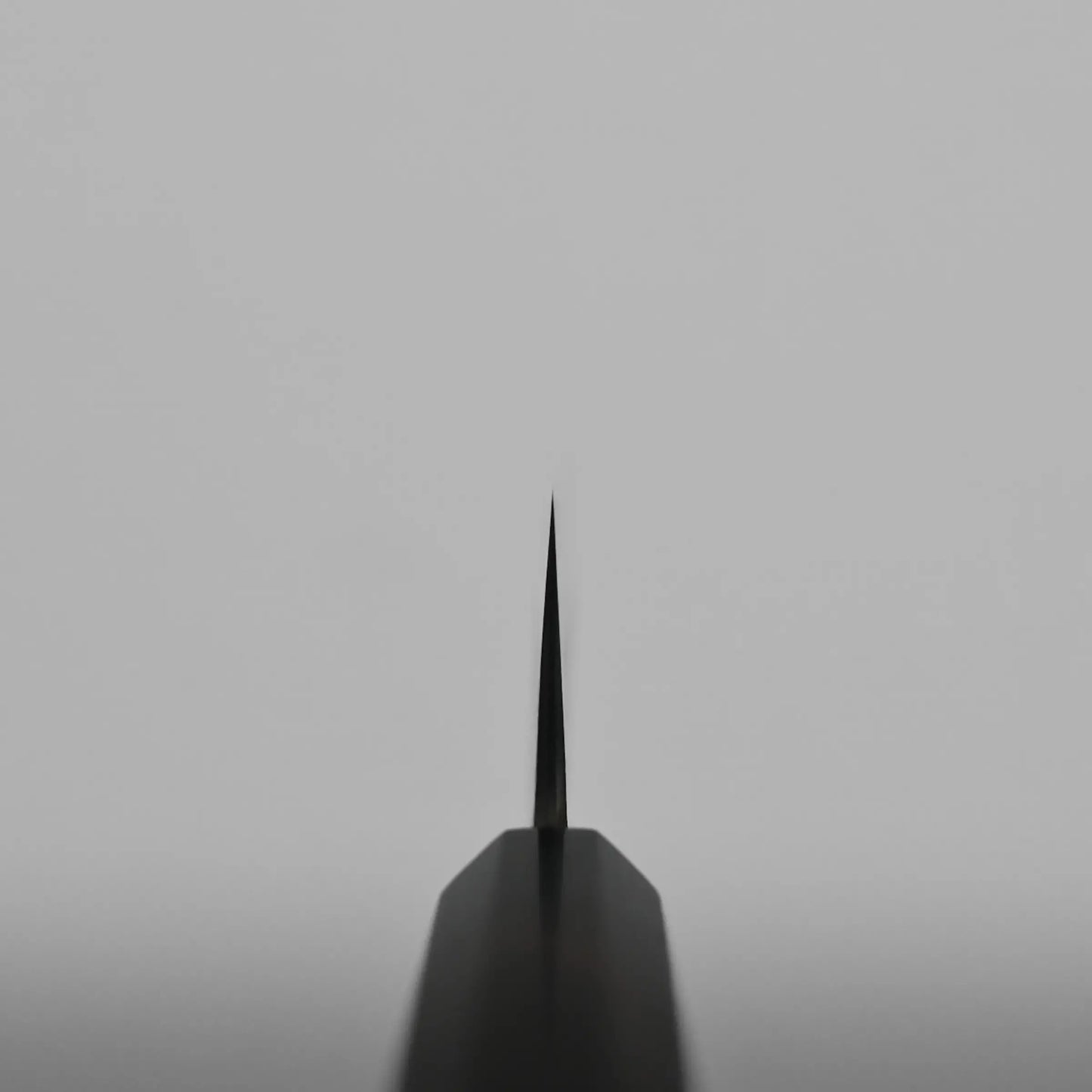 Choil shot of a hakata knife, centered vertically with a blurred handle and a plain grey background.