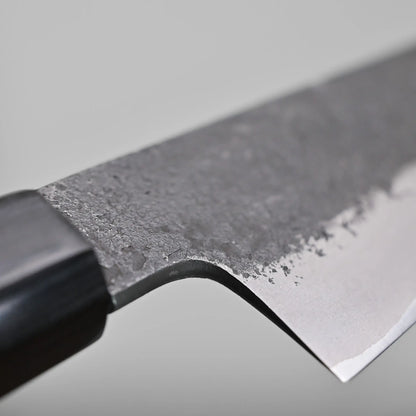 Close-up of a Japanese slicing knife blade showing the choil finish. The handle is partially visible on the left side. The background is out of focus and neutral.