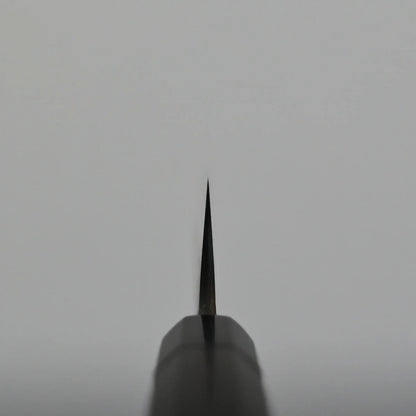 Choil shot of a sujihiki knife against a plain, light gray background, viewed from the handle straight toward the edge.