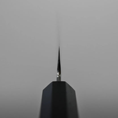 Choil shot of a Japanese utility knife blade, photographed from the front against a plain, light gray background. The blade’s edge is centered, appearing very thin and precise.