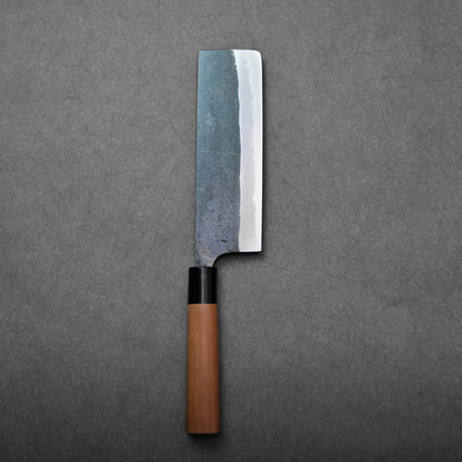 Rectangular-bladed Japanese knife, wood handle, nakiri type with visible hand-forged texture on the blade.