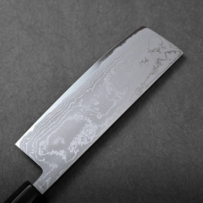 A close-up shows the rectangular blade and Damascus patterns of a nakiri Japanese knife.