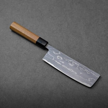 A rectangular-bladed Japanese knife with a wooden handle and a patterned steel finish, identified as a nakiri.