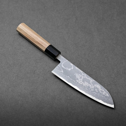 Santoku blade with damascus cladding and wooden handle; Japanese knife with a broad, sheepsfoot-shaped edge.