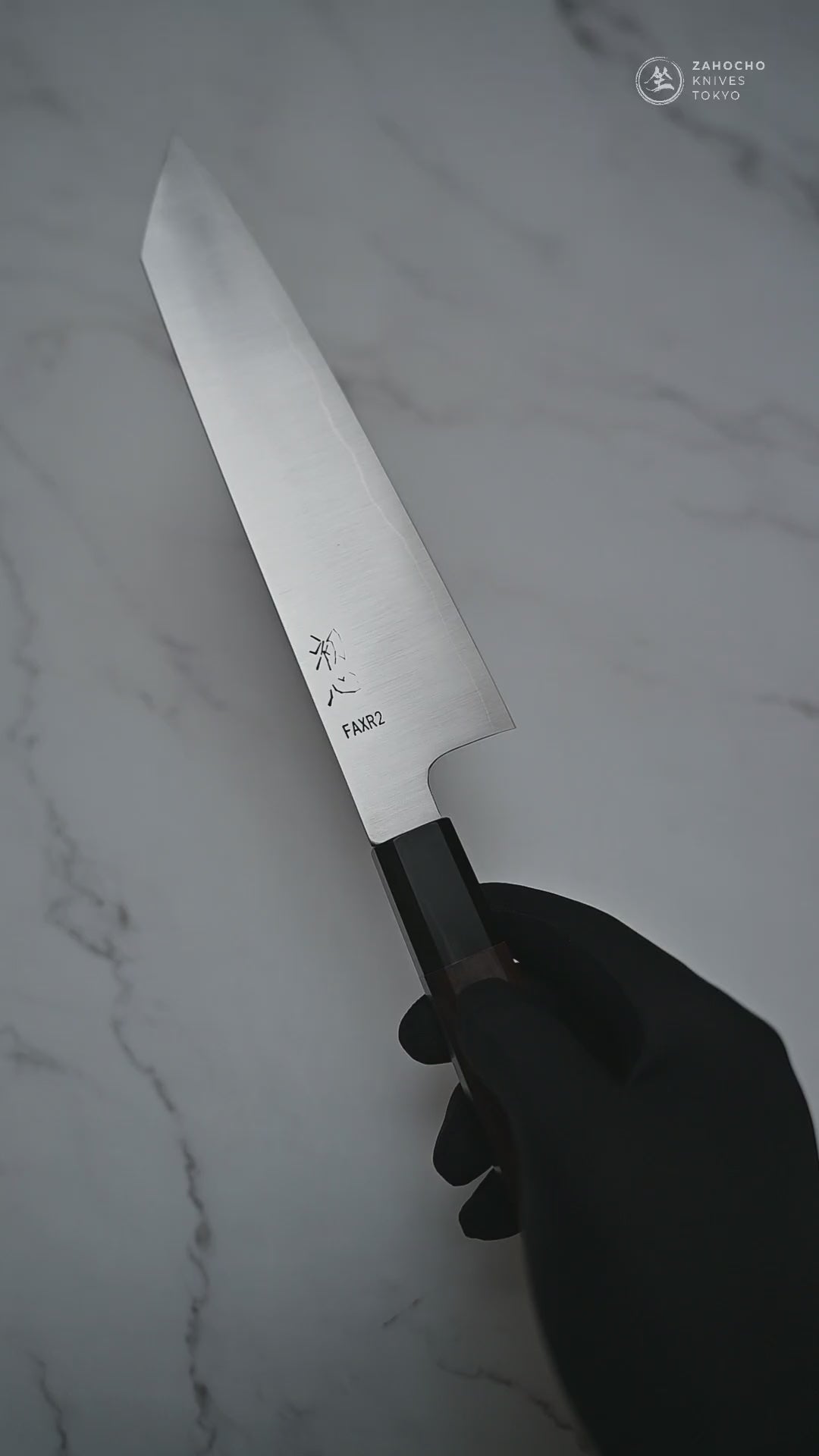 Video of 210mm Hatsukokoro FAXR2 kirituske gyuto knife