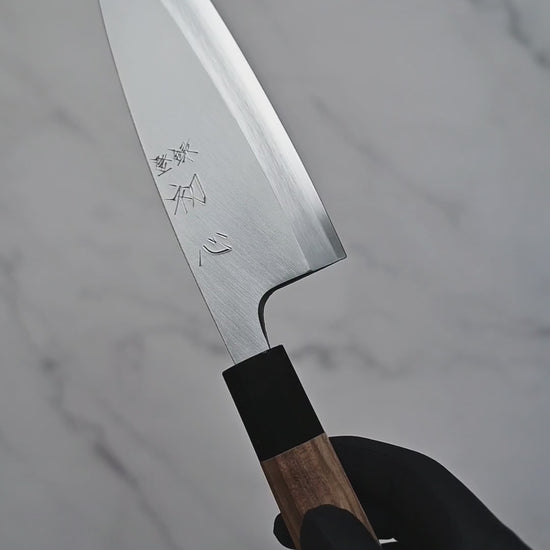 Hatsukokoro Shirasagi deba knife shown from full blade profile to detailed views of both sides, maker's mark, choil, spine, and handle