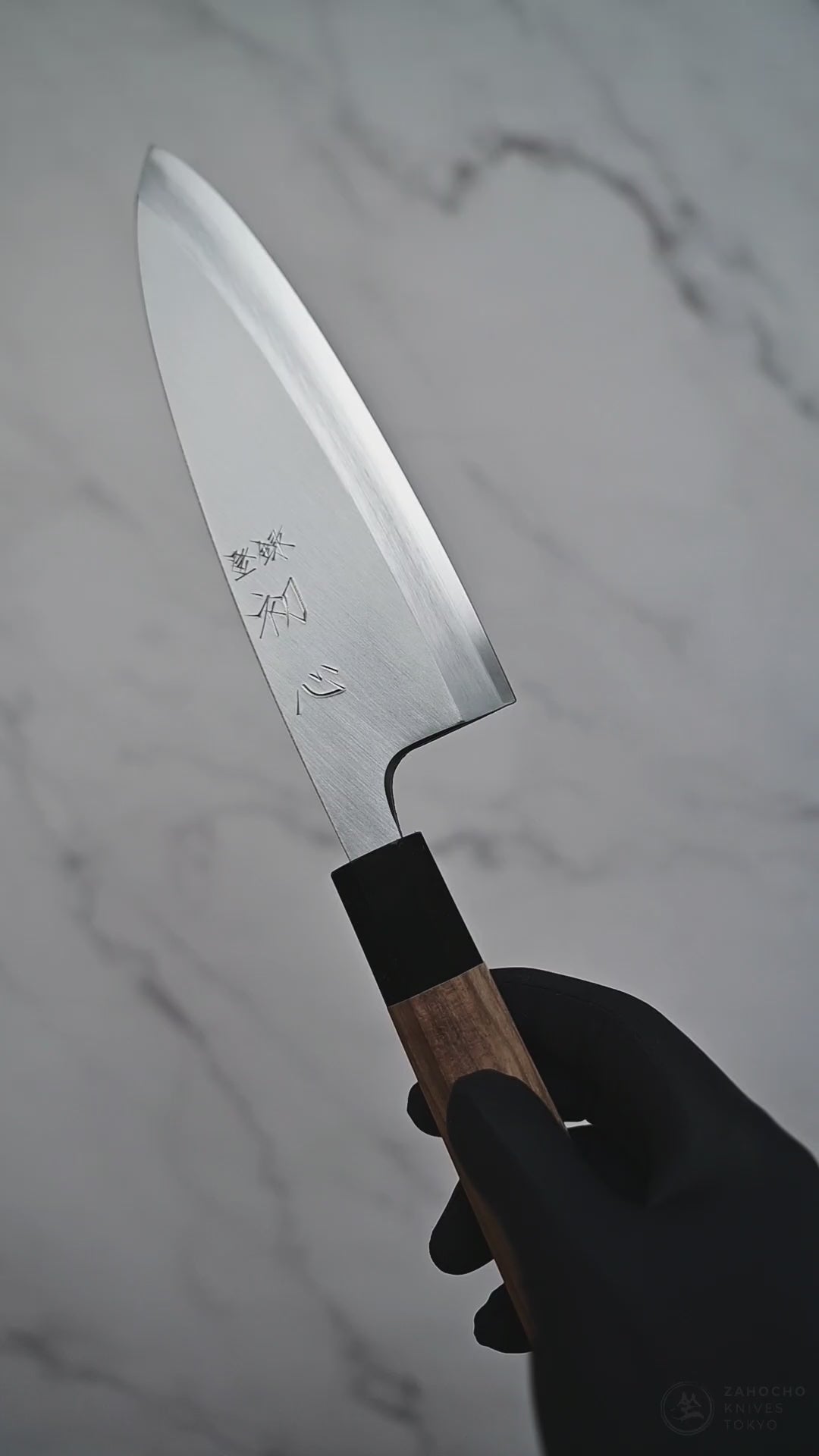 Hatsukokoro Shirasagi deba knife shown from full blade profile to detailed views of both sides, maker's mark, choil, spine, and handle