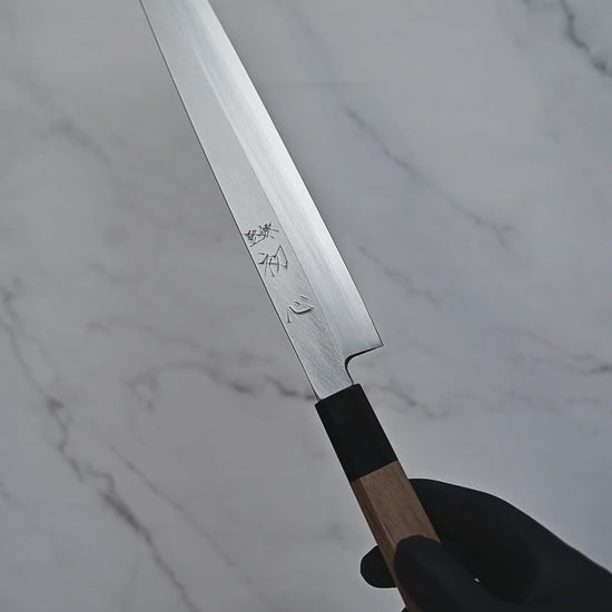 270mm Hatsukokoro Shirasagi ginsan yanagiba knife shown from full blade profile to detailed views of both sides, maker's mark, choil, spine, and handle