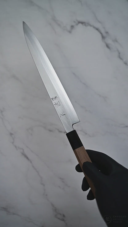 270mm Hatsukokoro Shirasagi ginsan yanagiba knife shown from full blade profile to detailed views of both sides, maker's mark, choil, spine, and handle