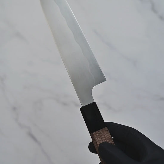 Yoshihiko Akitomo honyaki santoku knife shown from full blade profile to detailed views of both sides, maker's mark, choil, spine, and handle