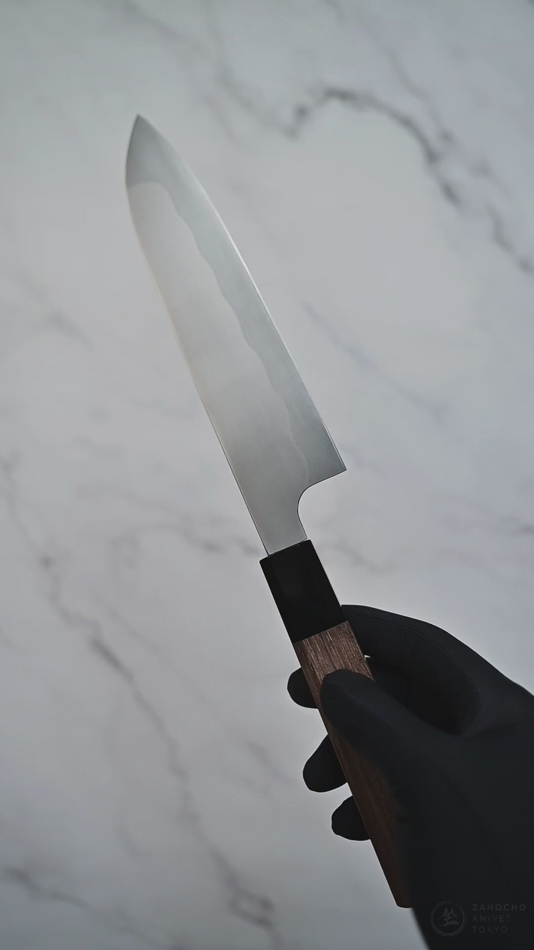 Yoshihiko Akitomo honyaki santoku knife shown from full blade profile to detailed views of both sides, maker's mark, choil, spine, and handle