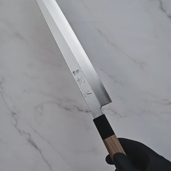 300mm Hatsukokoro shirasagi ginsan yanagiba knife shown from full blade profile to detailed views of both sides, maker's mark, choil, spine, and handle